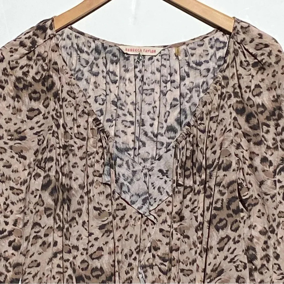 REBECCA TAYLOR Animal Print Boho Blouse 3/4 Sleeve Taupe Top size 4 - Picture 3 of 4